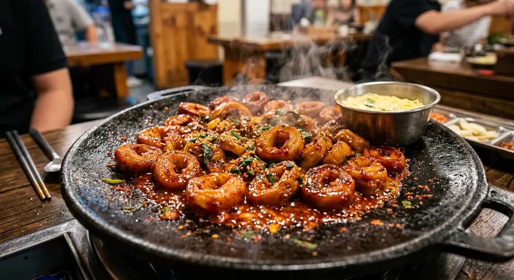 매콤한 양념과 숯불 향을 입힌 불막창